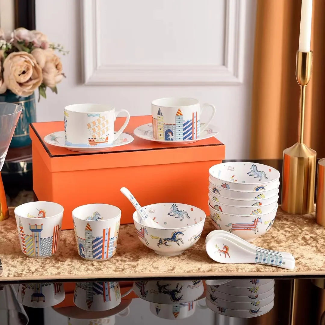 

Luxury bone china tableware set unicorn household cartoon pattern rice bowl spoon creative cute coffee cup plate