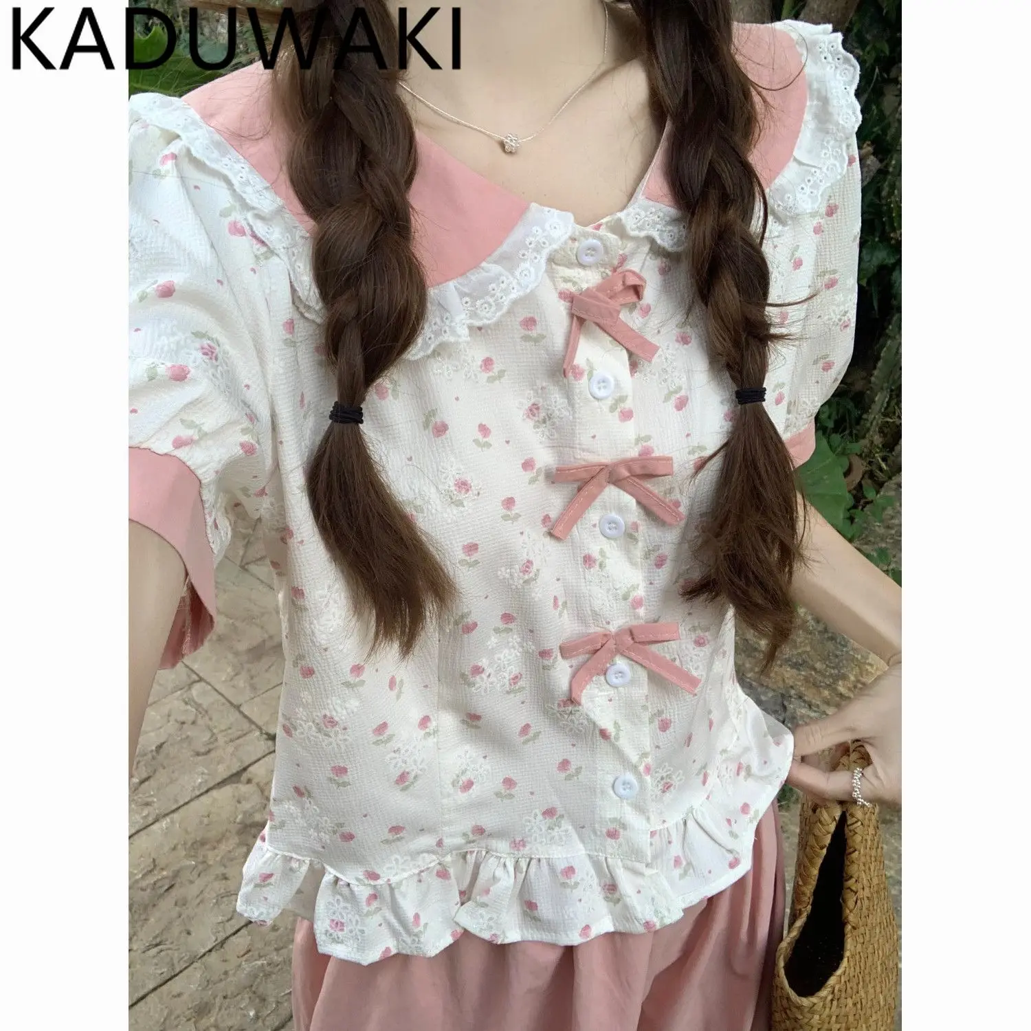 

Lace Peter Pan Collar Print Crop Top Ruffles Patchwork Puff Short Sleeve Blouse Shirts Summer 2025 New Chic Sweet Blusa Mujer