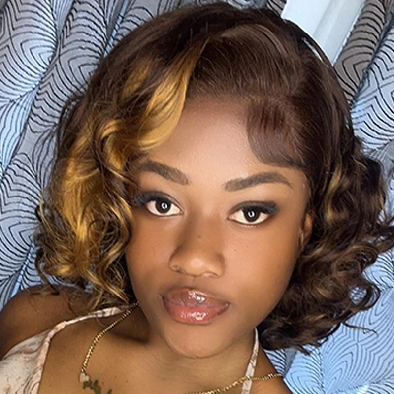 

Highlight 4/27# Brown Mix with Blonde 13x4 Lace Frontal Short Bob Human Hair Wig Loose Wave Bouncy Curly Brazilian Remy Hair
