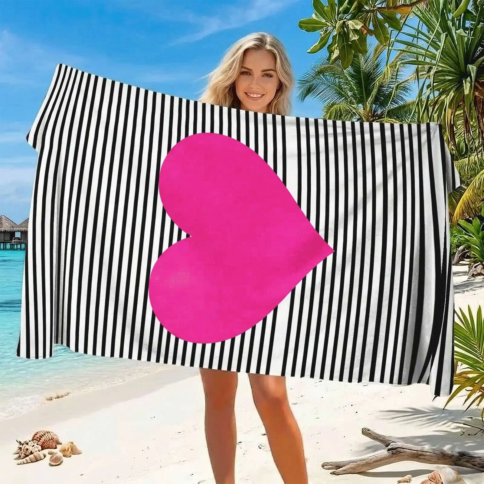 Black White Vertical Stripe Hot Pink Big Heart Minimalist Beach Towel Trendy Simple Design Sand Resistant Towel For Couple