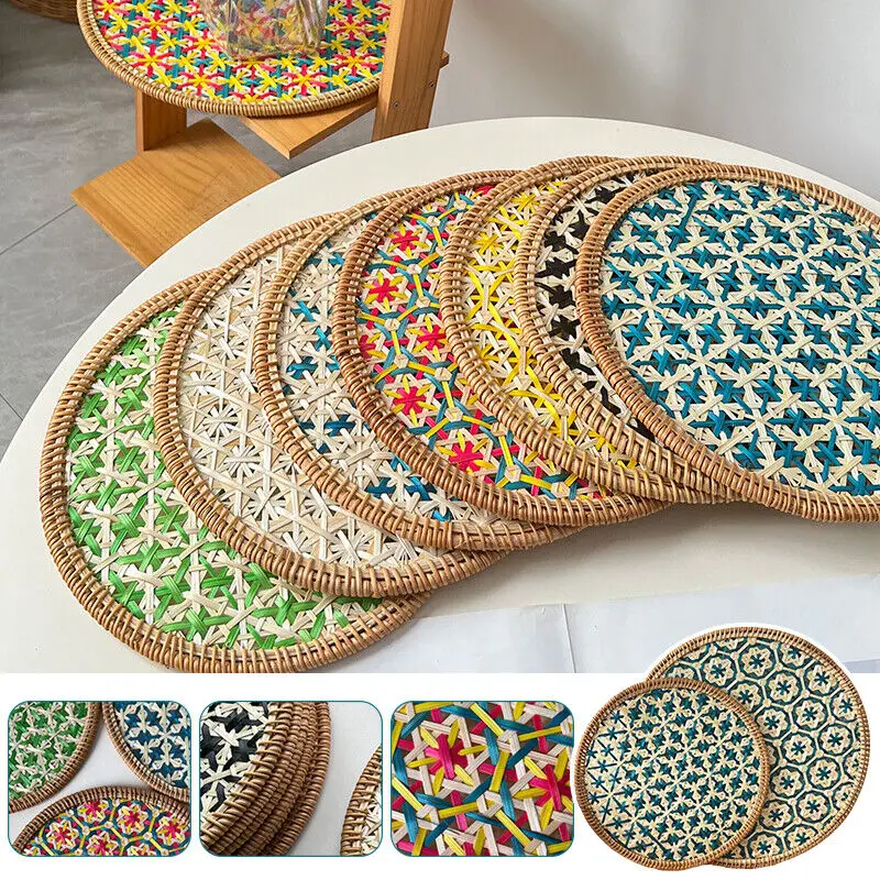 

30/36cm Color Handmade Rattan Tray Round Heat-resistant Teapot Pad Hotel Home Decor Ethnic Style Dining Table Heat-insulate Pad