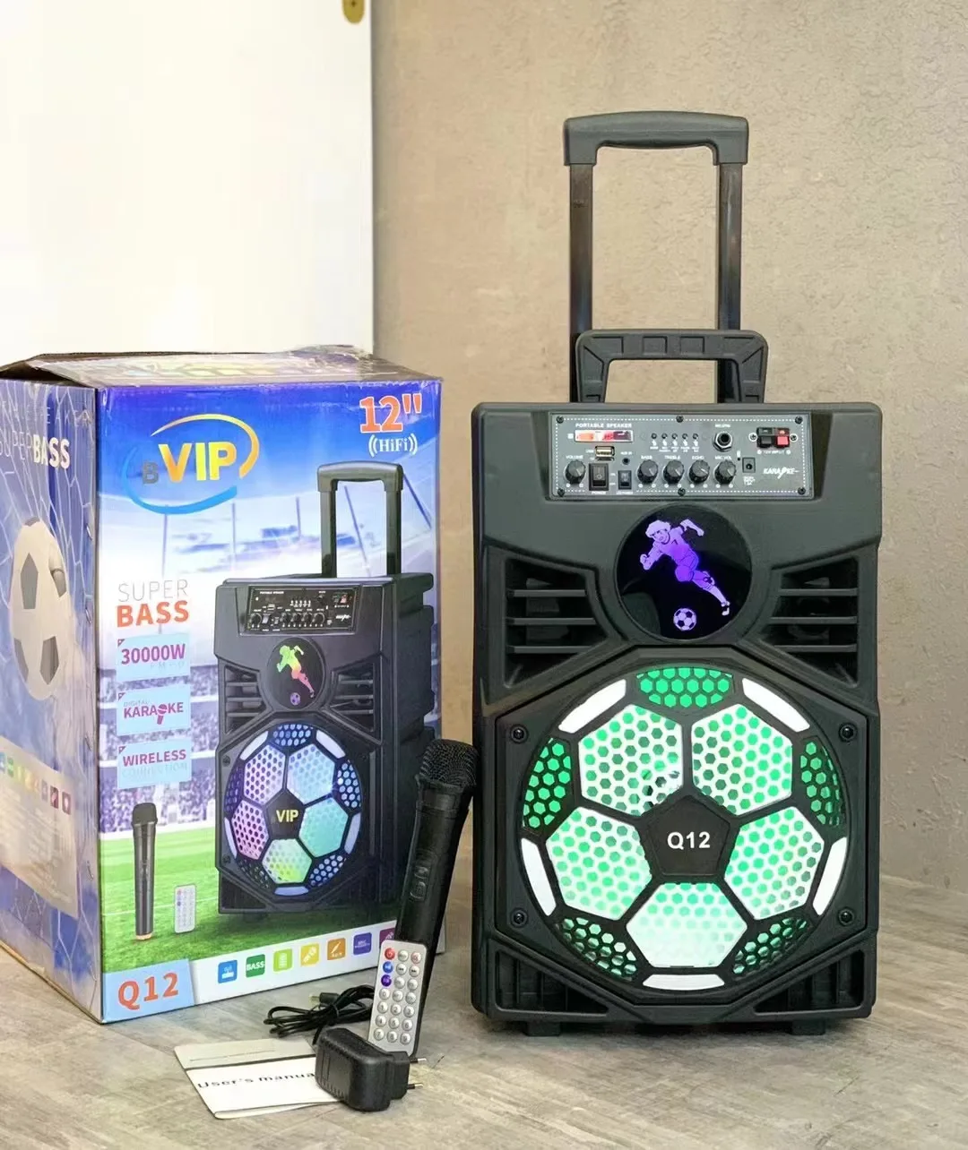 Q12 High Power Rechargeable Outdoor Trolley Speaker Karaoke Portable Speaker With Wireless Microphone