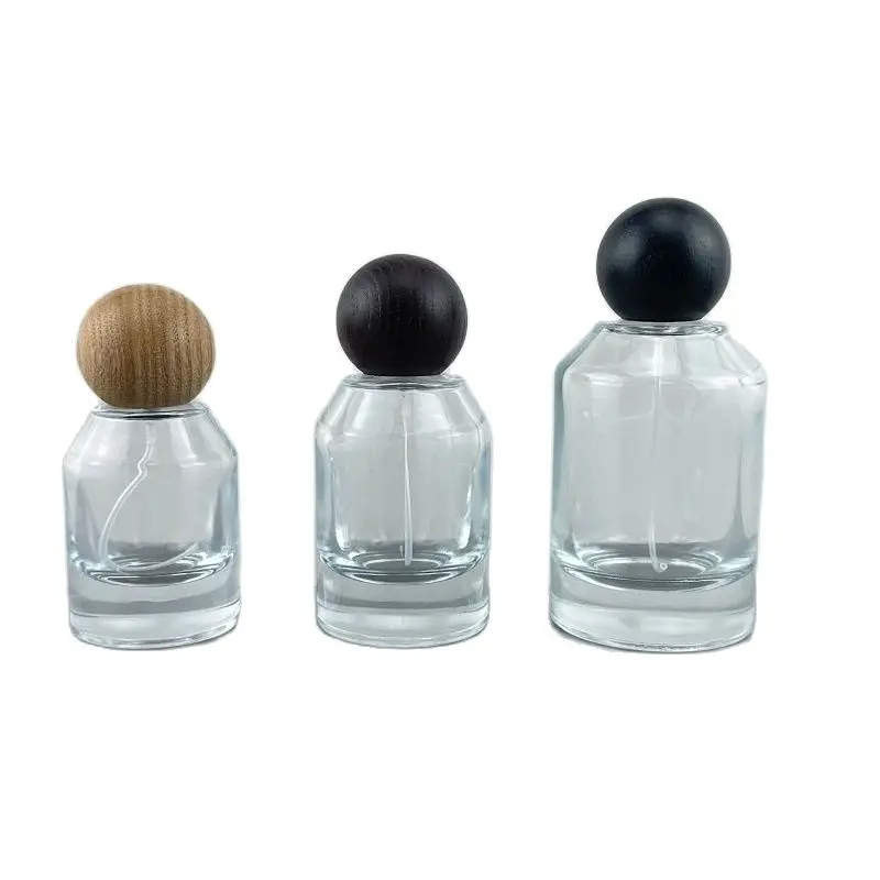 Round Ball Wood Cover Empty Glass Bottles 50ml Transparent Think Bottom Fragrance Mist Spray Crimpless Perfume Refillable Bottle