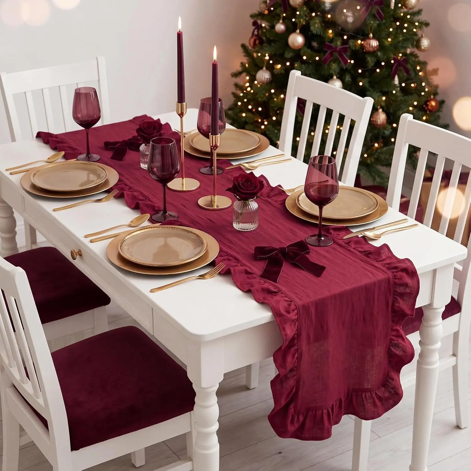 Burgundy Ruffled Table Runner Rustic Cotton Tabletop Farmhouse Decor for Christmas Bride Shower Birthday Party Holiday Wedding