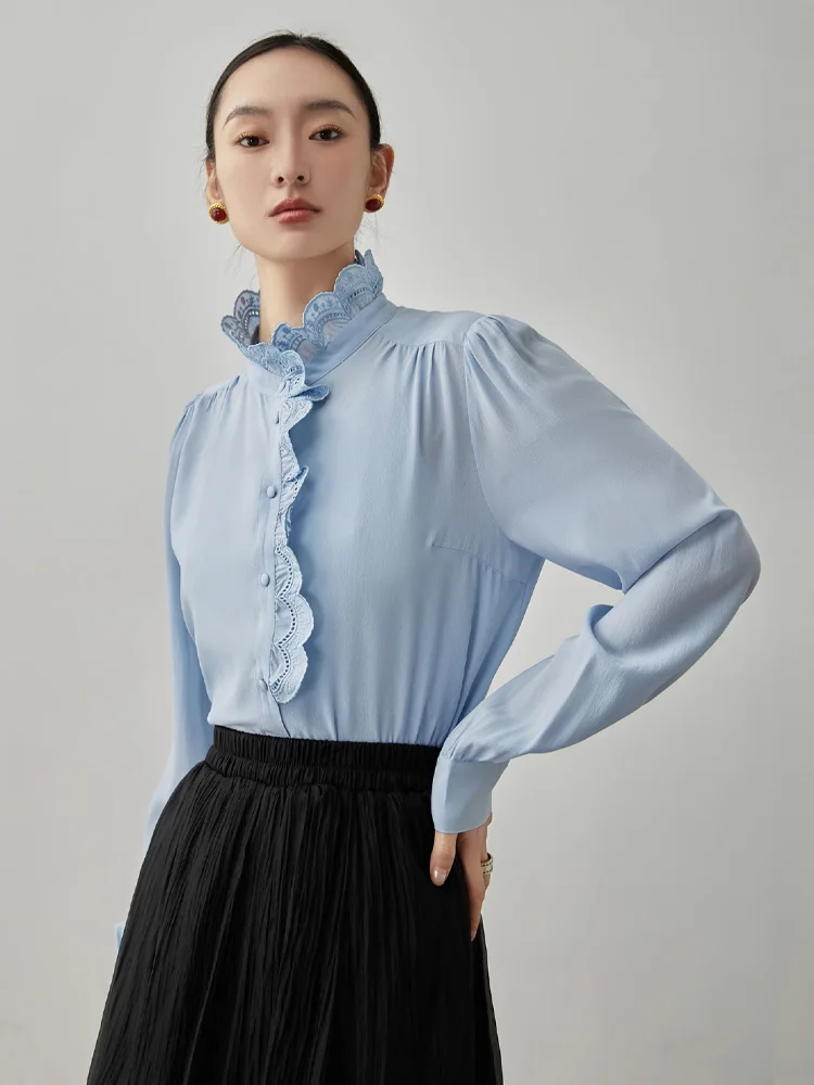 SuyaDream, Women Solid Shirts, 100%Real Silk, Embroidery Stand Collar, Solid Blouses, 2024 Spring Summer Office Lady Top