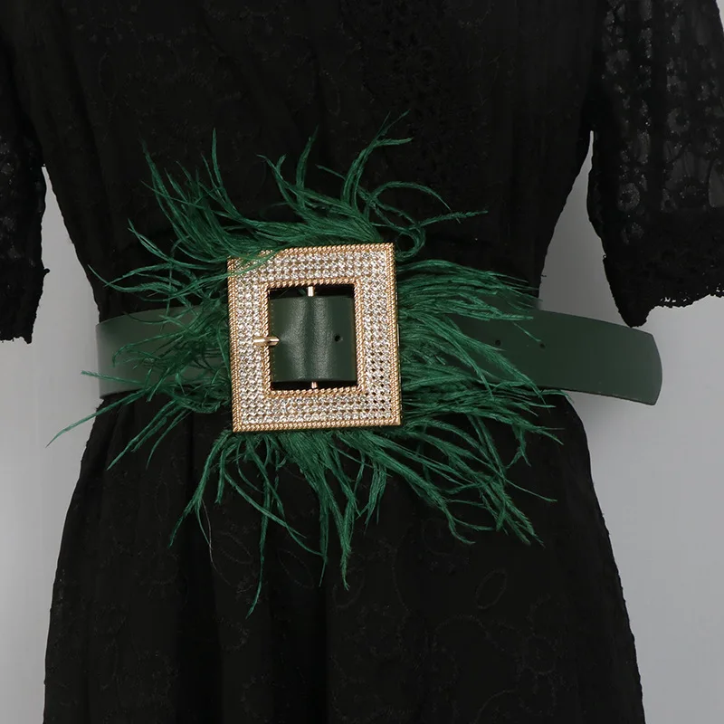 Designer's new green square buckle rhinestones inlaid with feathers decorated dress coat belt Light luxury fashion women's belt