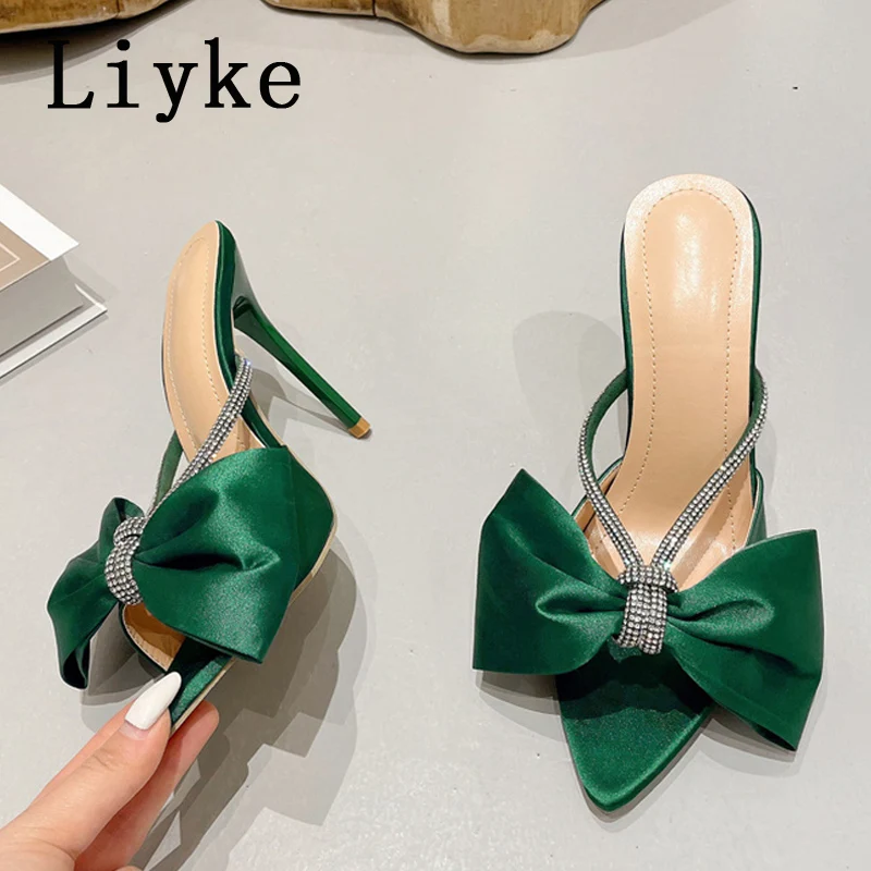 Liyke Sexy Party Nightclub Stripper Heels 11CM Slippers Fashion Bowknot Pointed Open Toe Crystal Rhinestone Shoes Women Sandals