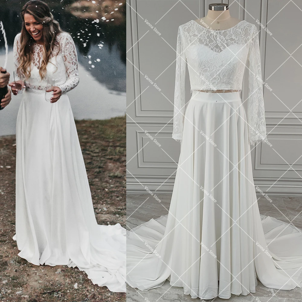 Rustic Lace Two Piece Wedding Dress Long Sleeves Custom Made Chiffon Plus Size A Line Photography Crop Top Beach Bridal Gowns