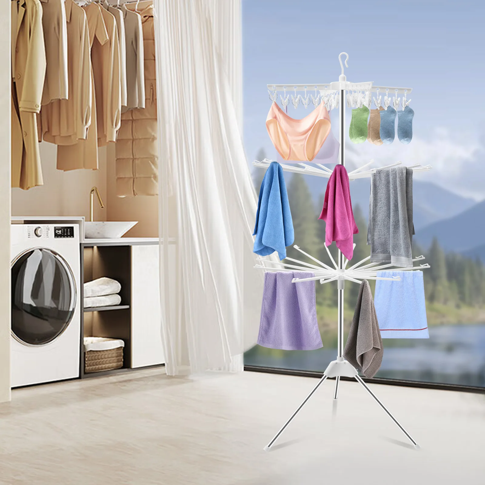

170 x 68.5CM Three Layer Foldable Large Capacity Drying Rack Balcony with 24 Sock Clips Rotating Vertical Hanger