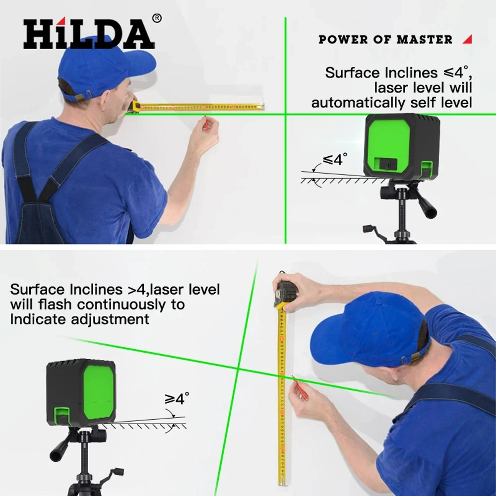 HILDA 2 Lines Mini Laser Level Self Levelling Green Beams Laser Horizontal & Vertical Cross-Line USB Charging