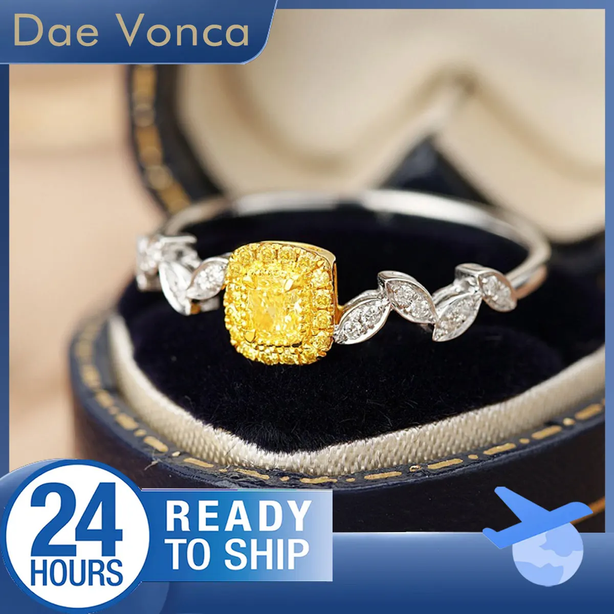 Yellow Diamond Halo Ring In 18K White Gold Fancy Yellow Cushion Natural Diamond Leaf Shank Sidestone Diamond Ring For Girlfriend