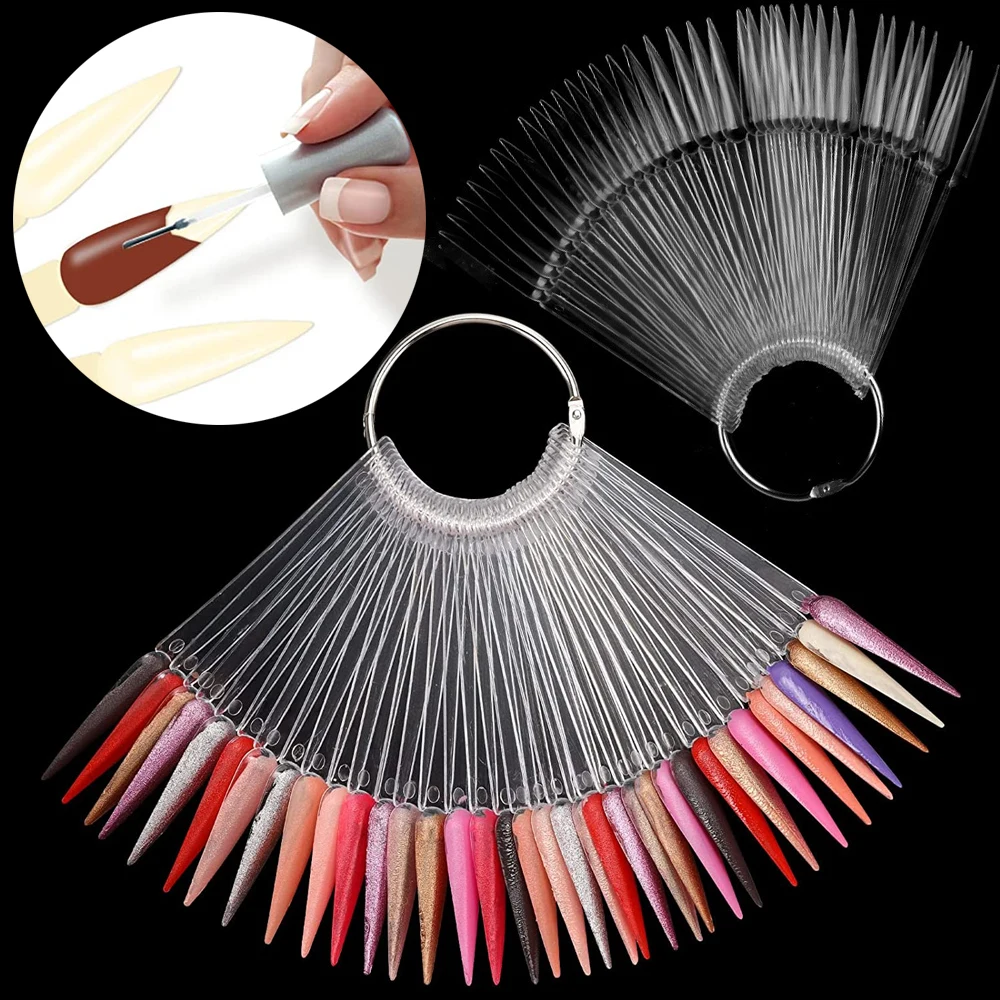 

50Pcs False Tips Clear Nature Nail Art Display Fan Shape Nail Swatch Polish Stand Pointed Tips Practice Manicure Accessories