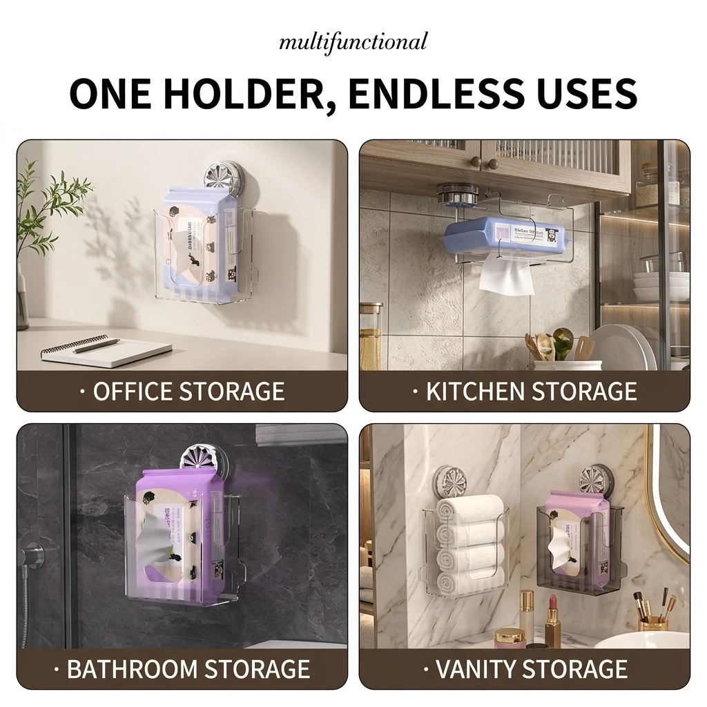 YGTITAN Suction Cup Wall Mounted Tissue Box Holder, Clear Napkin Dispenser for Bathroom & Kitchen, No Drill, PP/PET, Transparent
