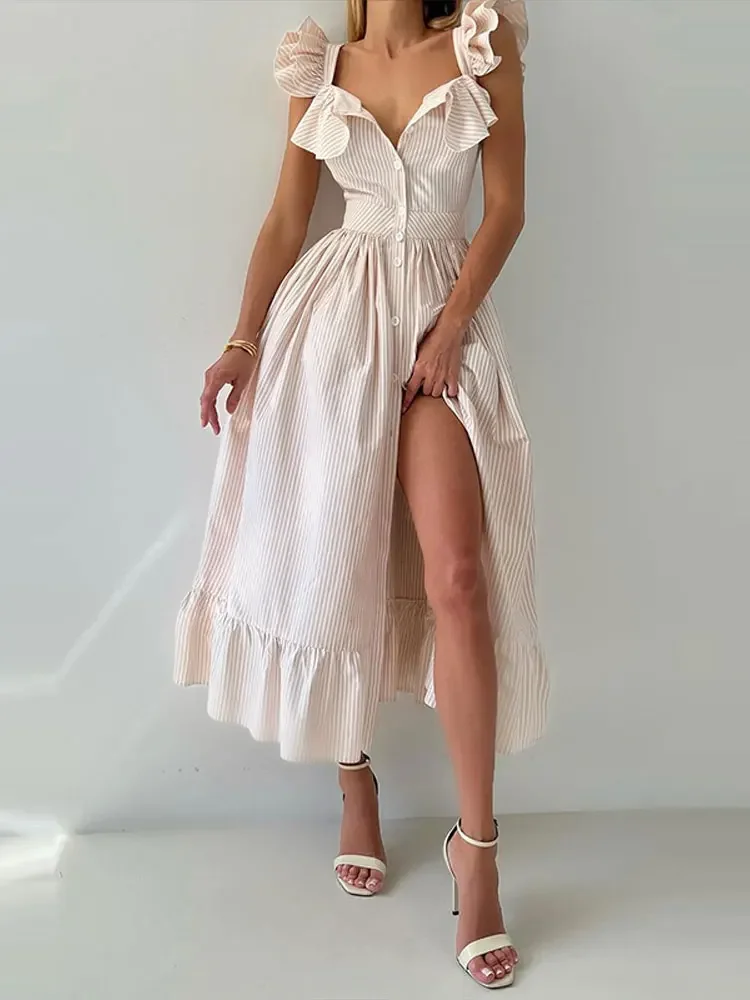 Abito con maniche volanti a balze a righe Abito da donna con vita stretta monopetto Abiti a trapezio Abiti lunghi da donna alla moda chic