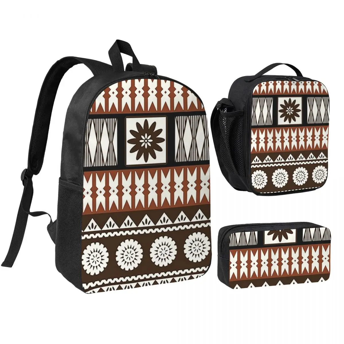 

Fijian Masi - Tapa Backpack Boys Girls BookBag School Bag Shoulder Bags 3ps Insulated Lunch Bag Pencil Case