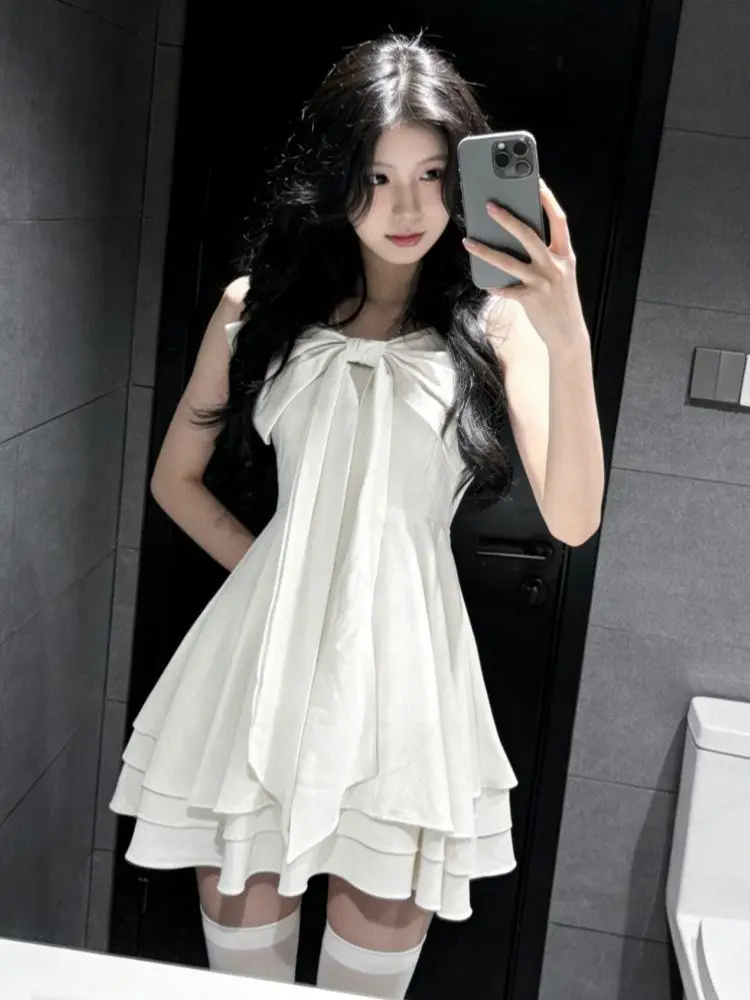 French Style Strap Dress Women Elegant Strap Bow Decorations Layered Ruffle Hem Fashion Cute Mini Dress Y2K Vintage Streetwear