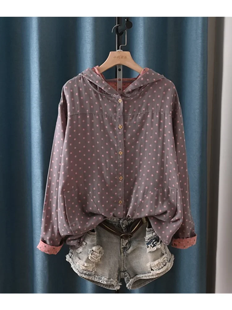 Lamtrip Unique Vintage Polka Dots Pattern Double Layers Cotton Yarn Long Sleeve Hooded Cardigan Shirt Blouse 2024 Autumn A644