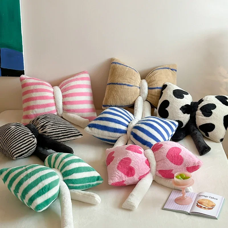Pink Bow Imitation Rabbit Fur Couch Pillow, Comfortable Car Seat Cushion, Ins Style Simple Back Cushion, Striped Neck Pillow Bow