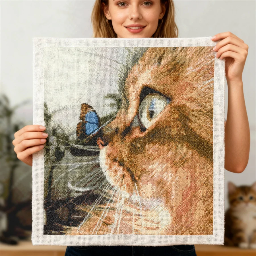 

2026 New style cute kitten printed canvas cross-stitch set embroidery hand sewing needlework, different room decoration designs