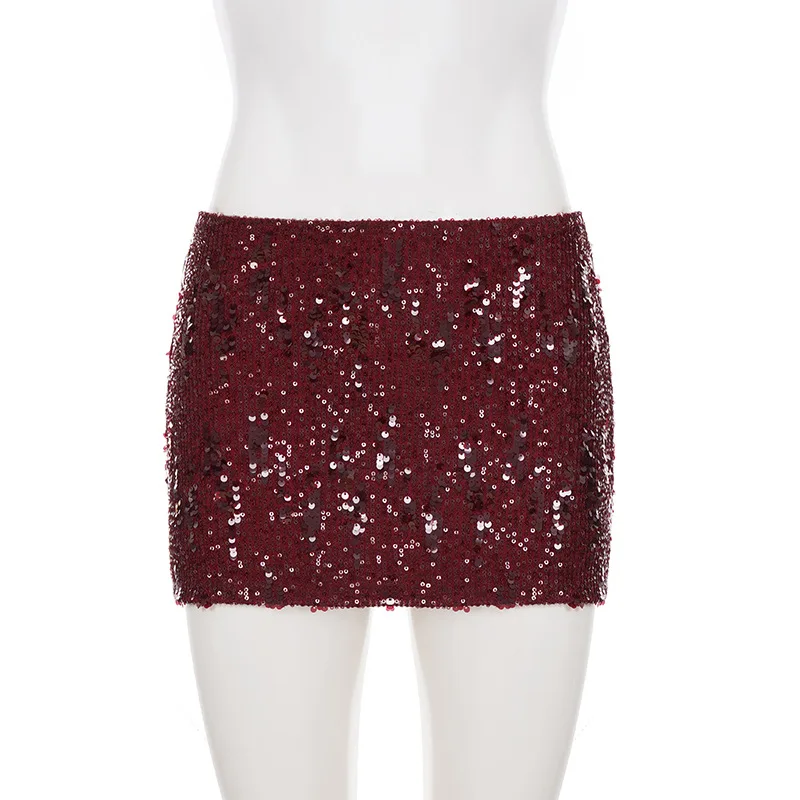 

Autumn sexy spicy girl style slim fit red solid color sequin wrapped hip skirt