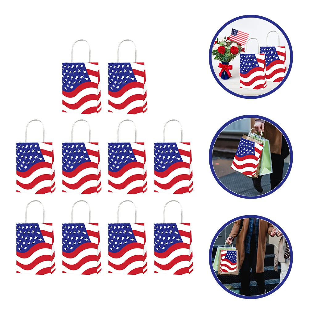 10 Pcs Independence Day Paper Bag Patriotic Gift Bags with Handle Candy Goodies USA Flag American Gifts