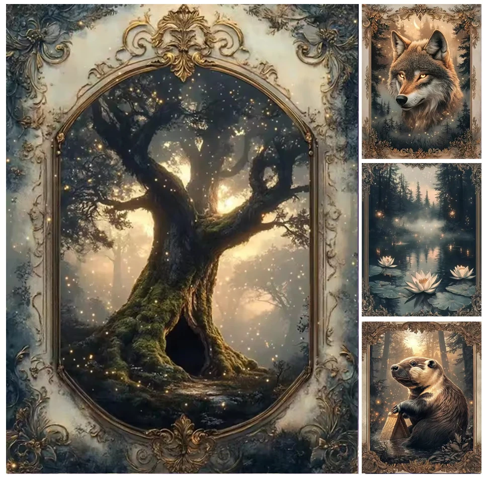 Ancient Tree 5D Full Diamond Painting Rhinestones Embroidery Forest Elf Girl Wolf Cross Stitch Animals Mosaic Sale Decor