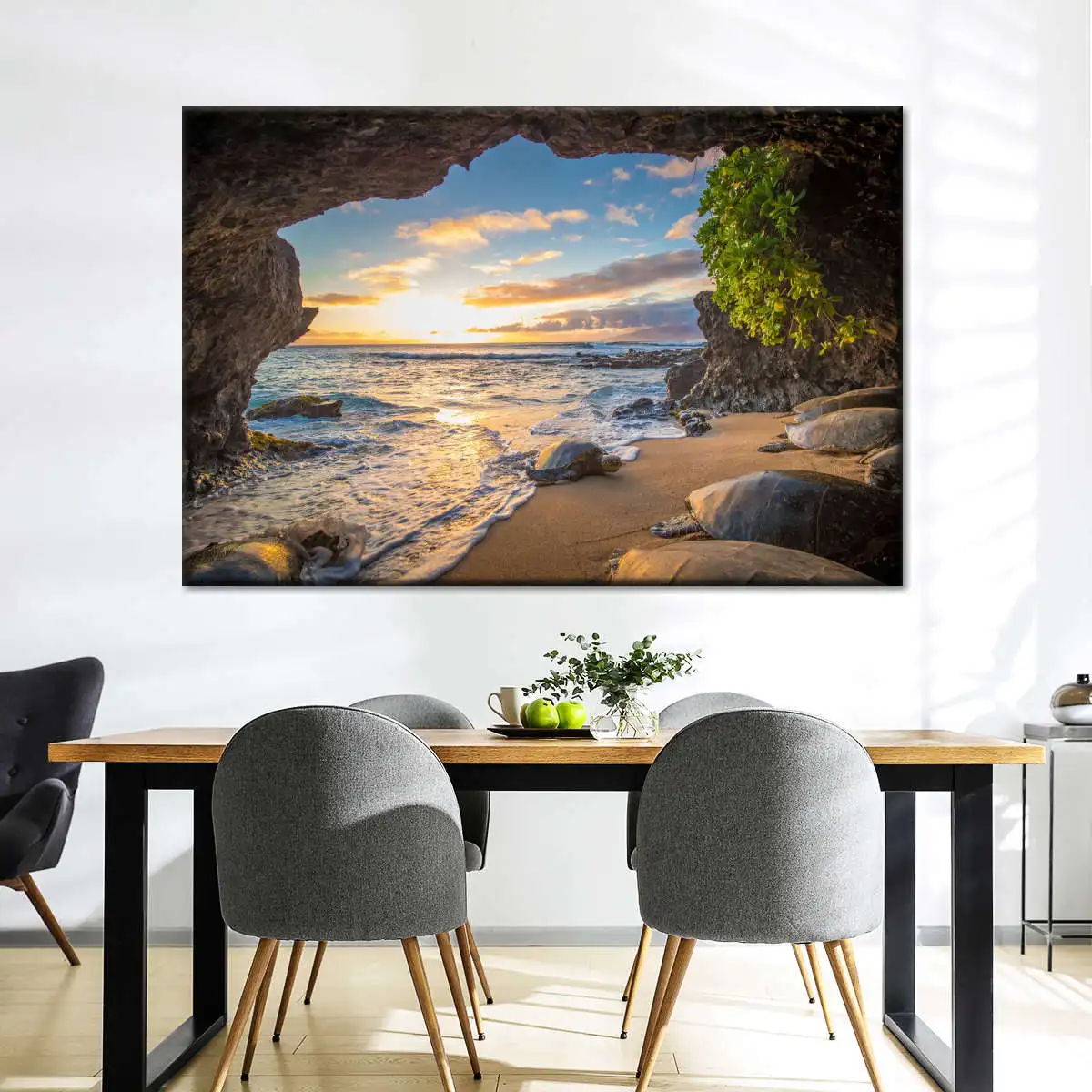 1PC Sea Turtles on Beach Cave Sunset Ocean Landscape Wall Art, Tropical Coastal Scenery Poster, Unframed Canvas Print Home Decor