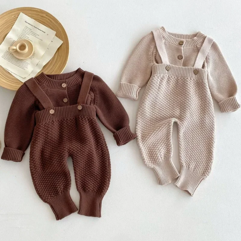 Autumn Baby Knitted Bodysuit 0-3Y Girls Solid Suspenders Overalls Toddler Long Sleeve Thicken Warm Cardigan Sweater Top Clothes