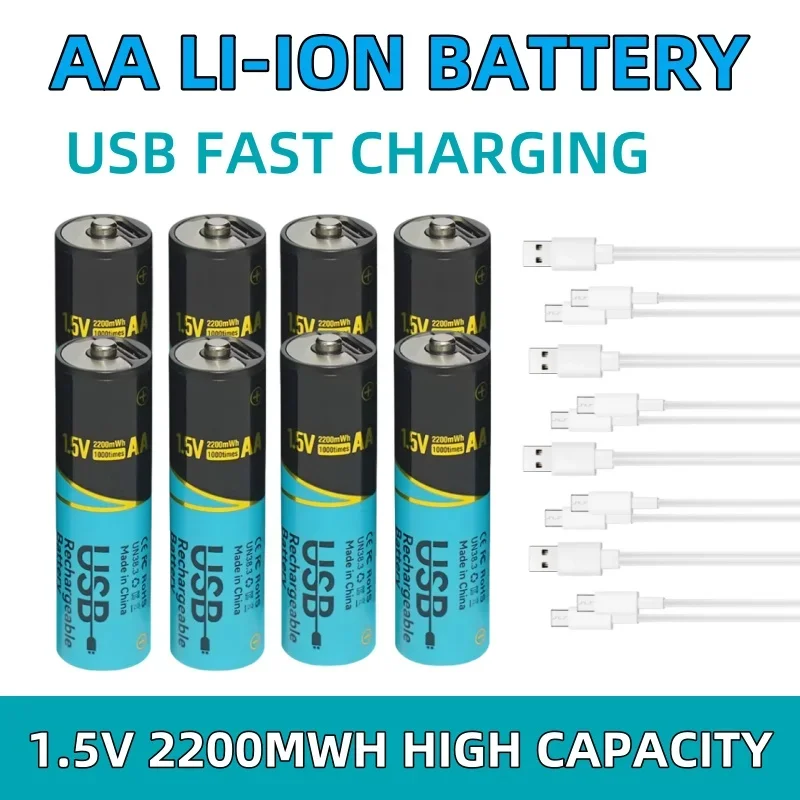 

Skywolfeye 8Pcs AA USB Rechargeable Lithium Batteries 1.5V 2200mWh with Fast Charging Cable for Remote Control Wireless Devices