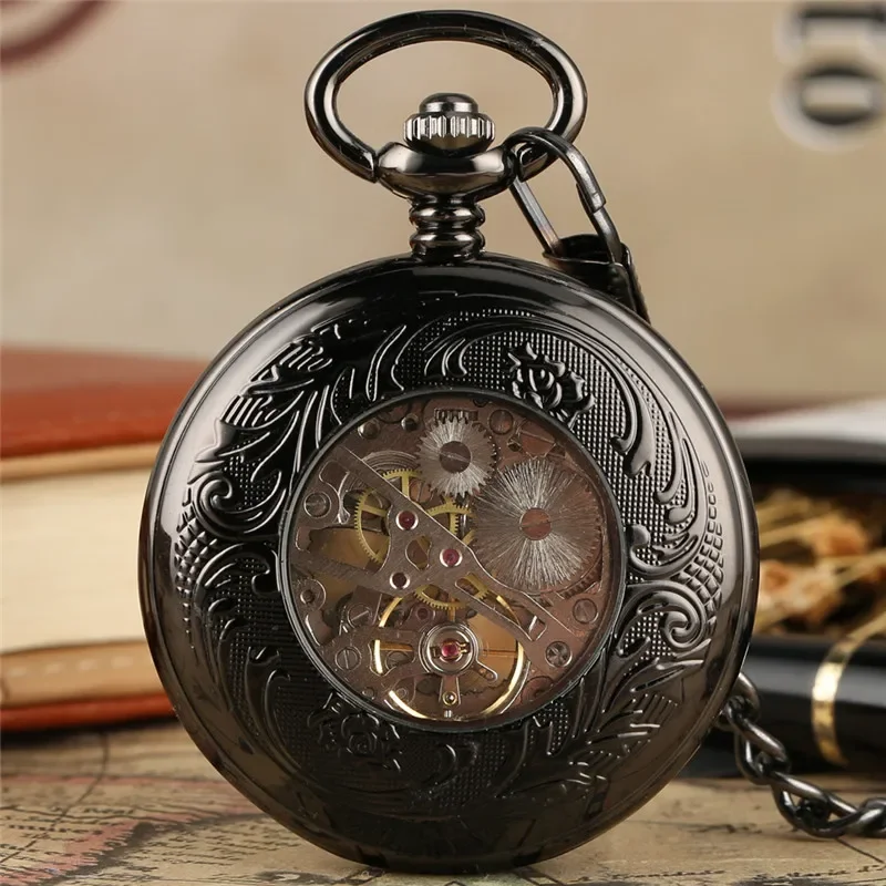 Antique Half Hunter Transparent Case Men Women Mechanical Hand Wind Pocket Watch Fob Pendant Chain Luminous Hands Timepiece