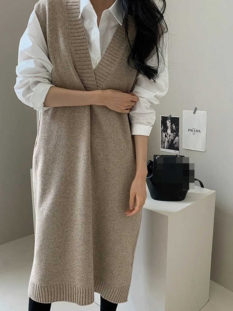 Vestido Tricotado Sem Mangas em Estilo Coreano com Decote em V para Mulheres, Vestido Solto em Camadas para Outono e Inverno,...