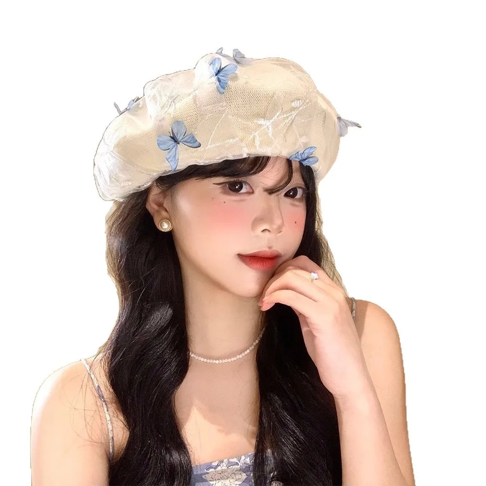 Fashionable Three-dimensional Butterfly Beret Mesh Embroidery Knitted Hat All-match Painter Hat Summer