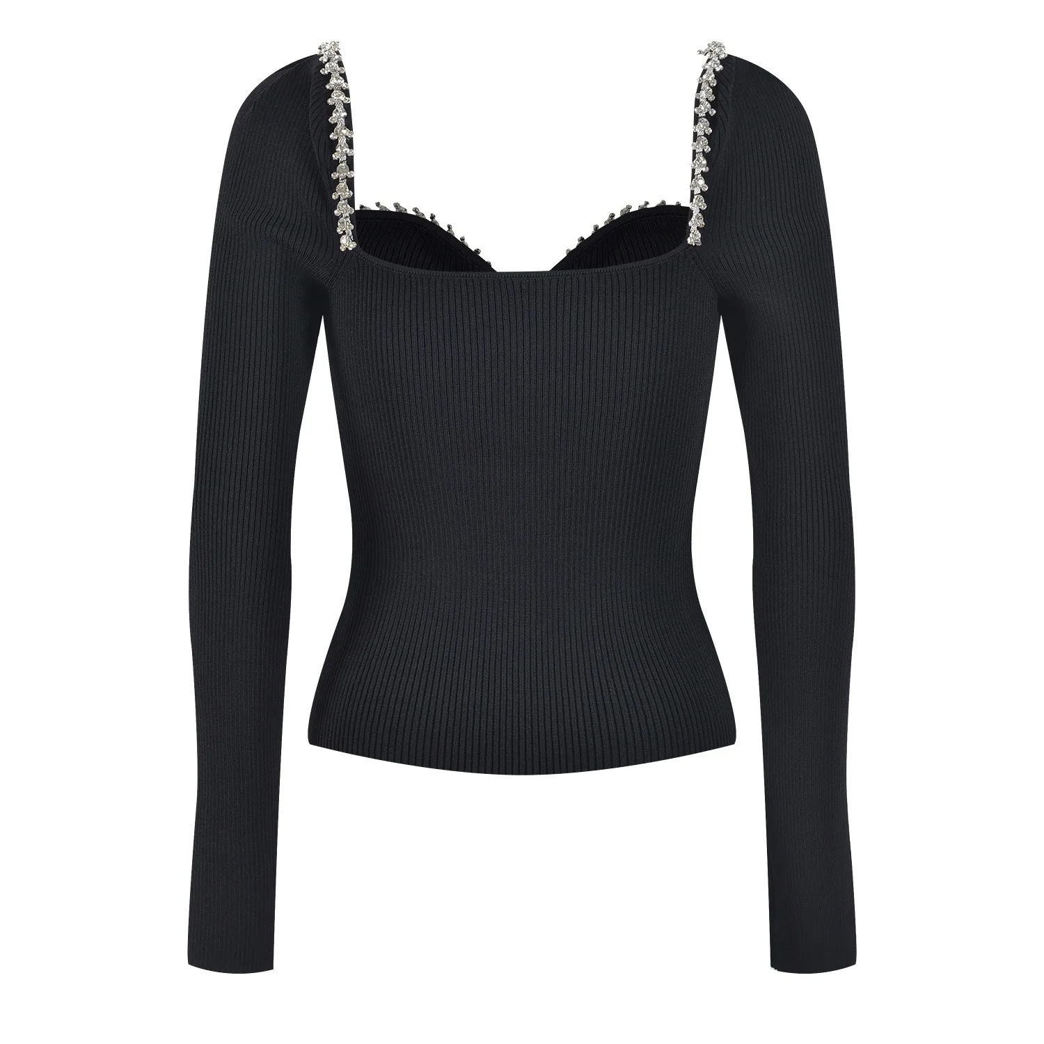 Unique Design Heart Stones Collar Long Sleeve Black/White Street Women Knitted Slim Sweater Tops