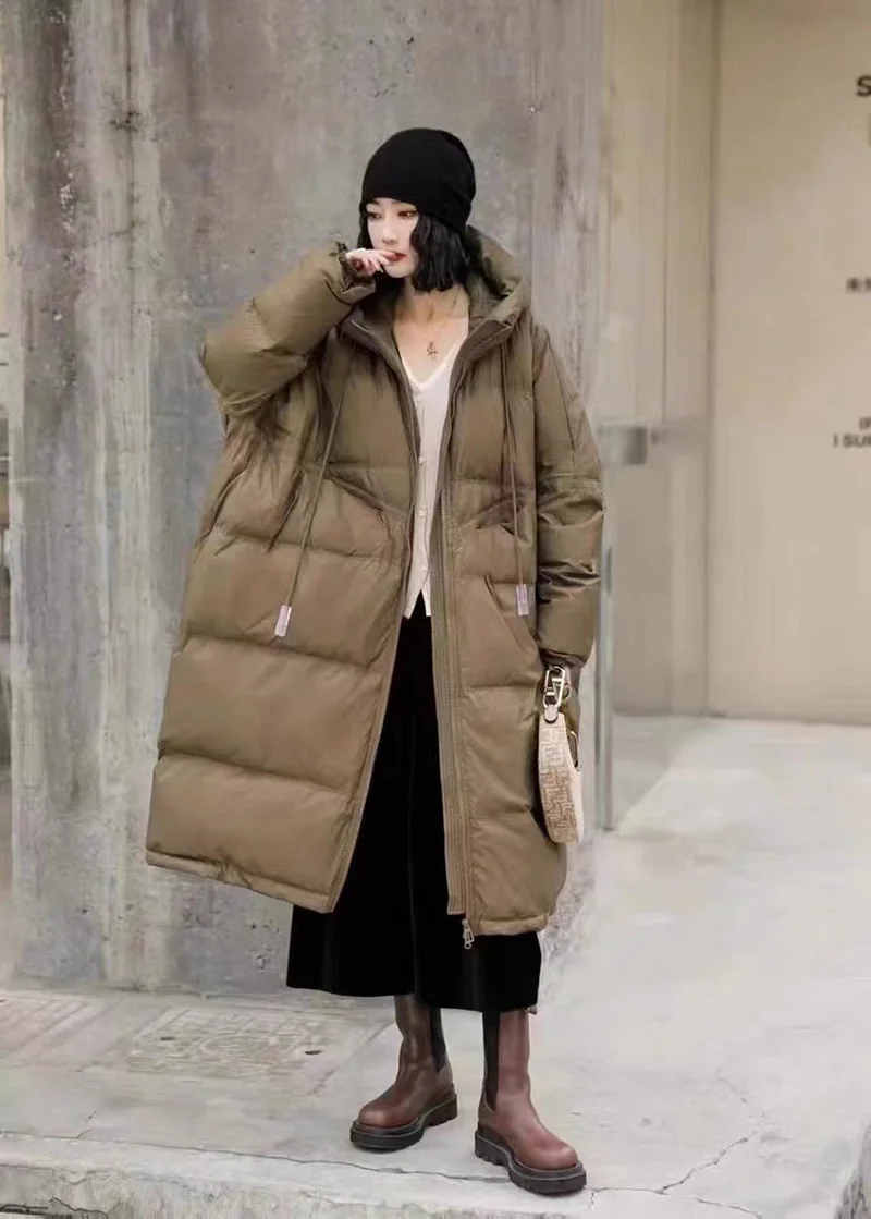 Schinteon Women White Duck Down Jacket with Hood Autumn Winter Warm Long Outwear Over Size Loose Coat 2026 New