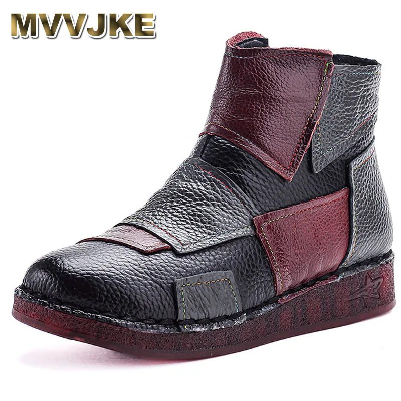 

New authentic cow leather boots women winter waterproof snow shoes woman luxury patches ankle boot ladies plush booties