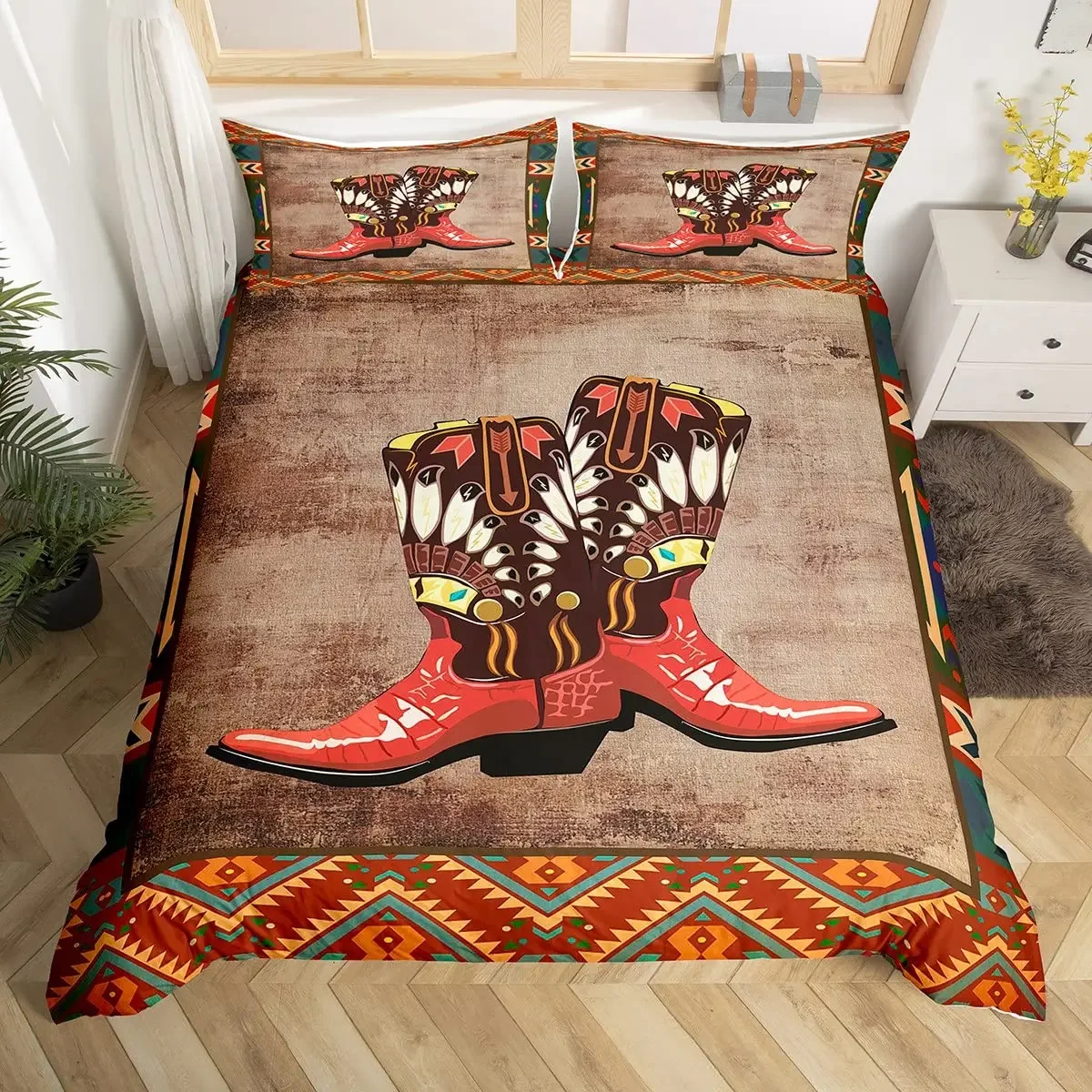 Western Cowboy Duvet Cover Set Twin King Cowboys Boots Hat Floral Bedding Set Exotic Farmhouse Cowhide Patchwork Comforter Cover