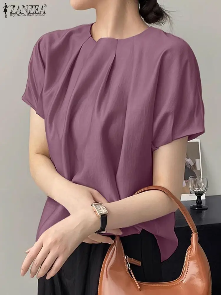 ZANZEA Elegant Office Pleated Top 2024 Summer Women Cotton Short Sleeve Blouse Peplum Blusas Round Neck Tunic Casual Loose Shirt