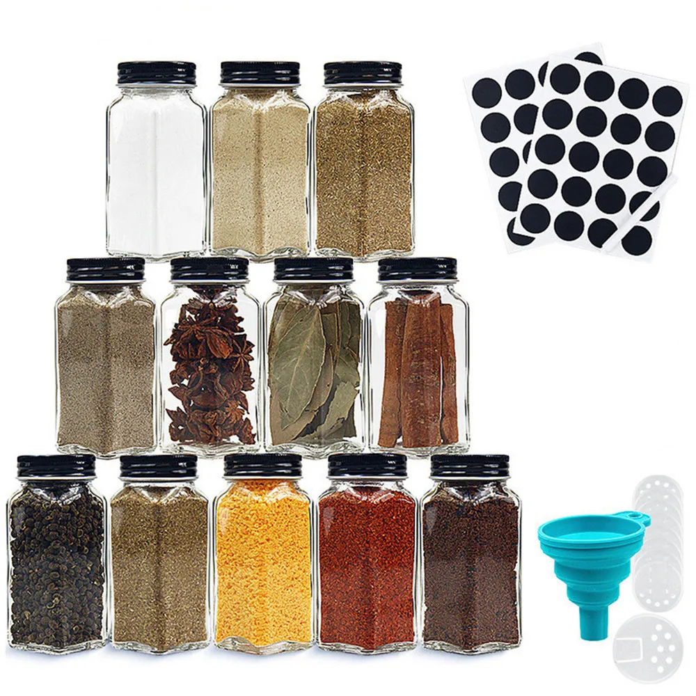 12-teiliges Glas-Gewürzgläser-Set mit Gewürzetiketten, leere quadratische Gewürzgläser – Streugläser mit versiegelten Metalldeckeln – zusammenklappbarer Silikon-Trichter – Detail 5