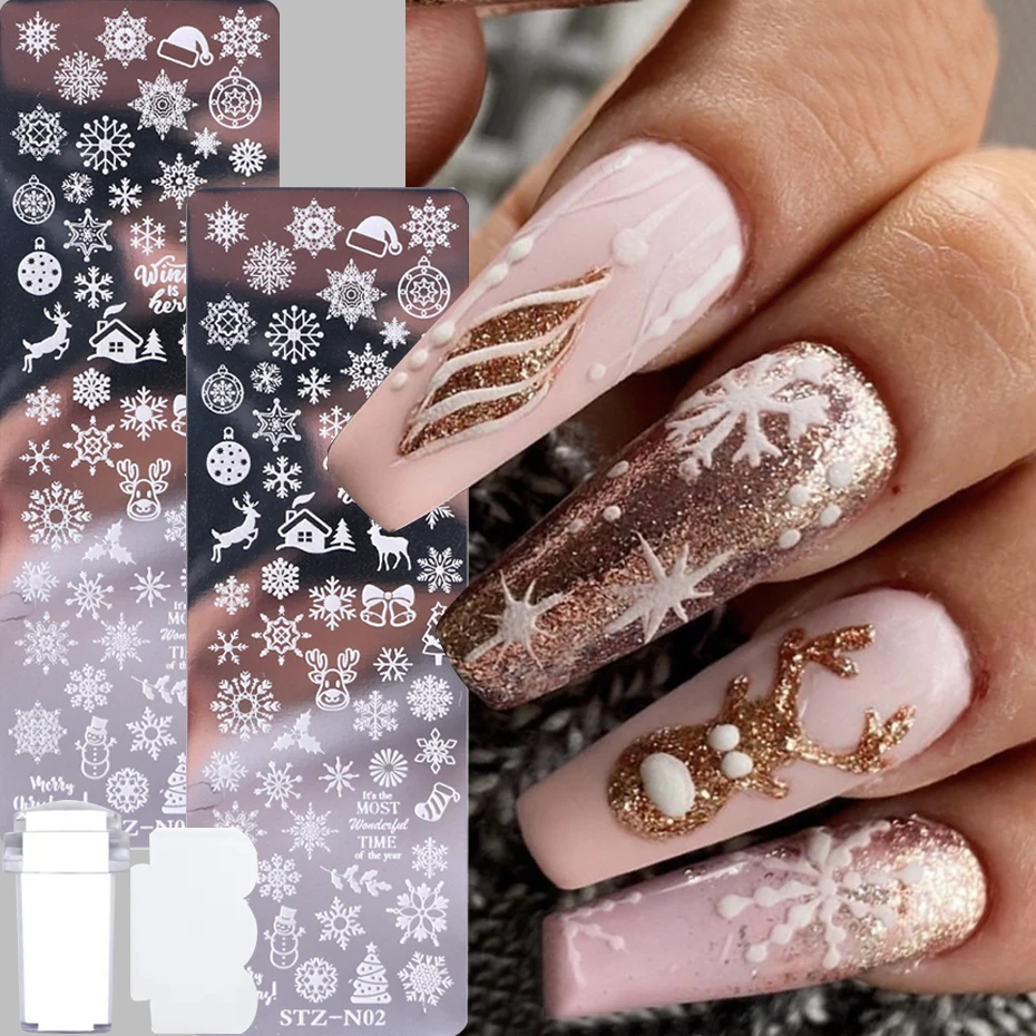 Romantische Schneeflocke Schneemann Nagel Stempelplatte mit einem Stempel Cartoon Weihnachtsbäume Glocken Schablone Druck Vorlage Nagel Zubehör