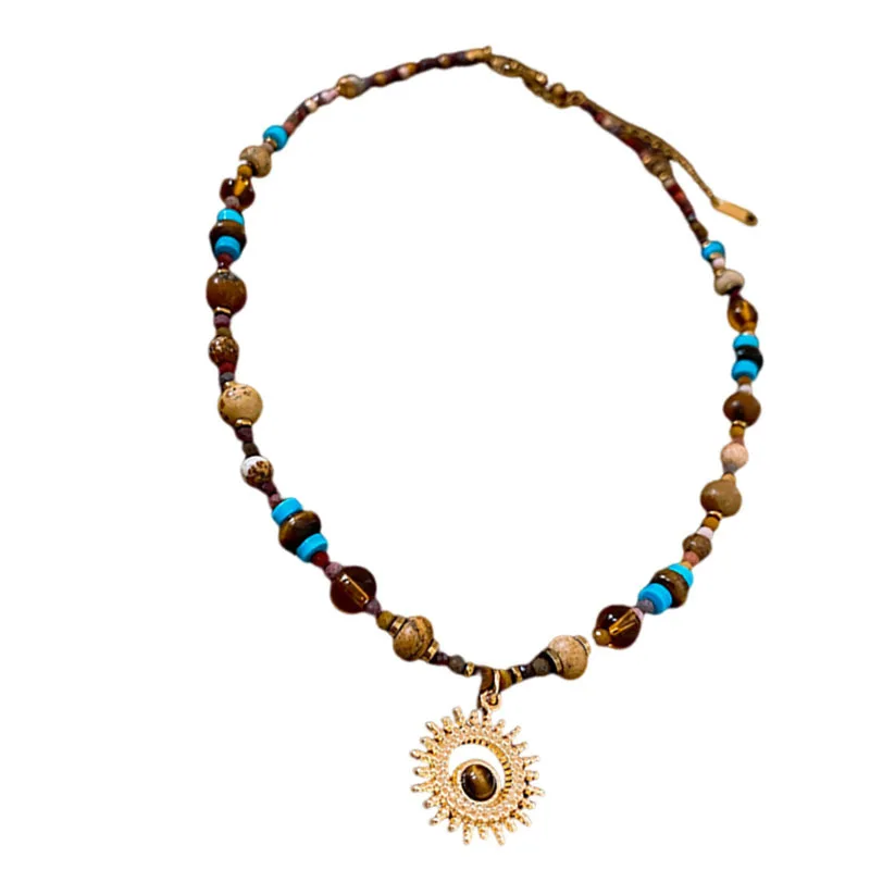 

Sun pendant necklace, set with natural stones, titanium steel Maillard process choker, unique gift, anniversary/Valentine's Day