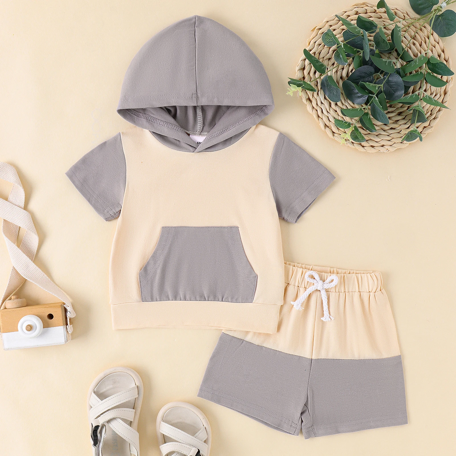 2PCS Summer Baby 0-3 Years Old Soft, Comfortable And Simple Color Matching Hooded Short-Sleeved Casual Suit With Pockets