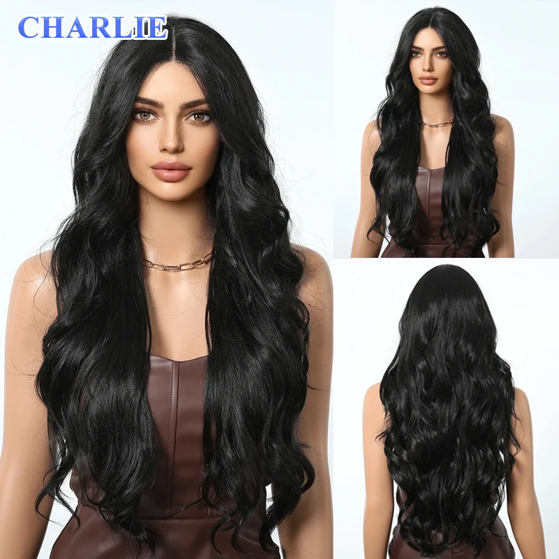 Natural Black Synthetic Lace Front Wigs Long Body Wavy Wig Soft Lace Wig Heat Resistant Fiber for Women Daily Party Cosplay Use