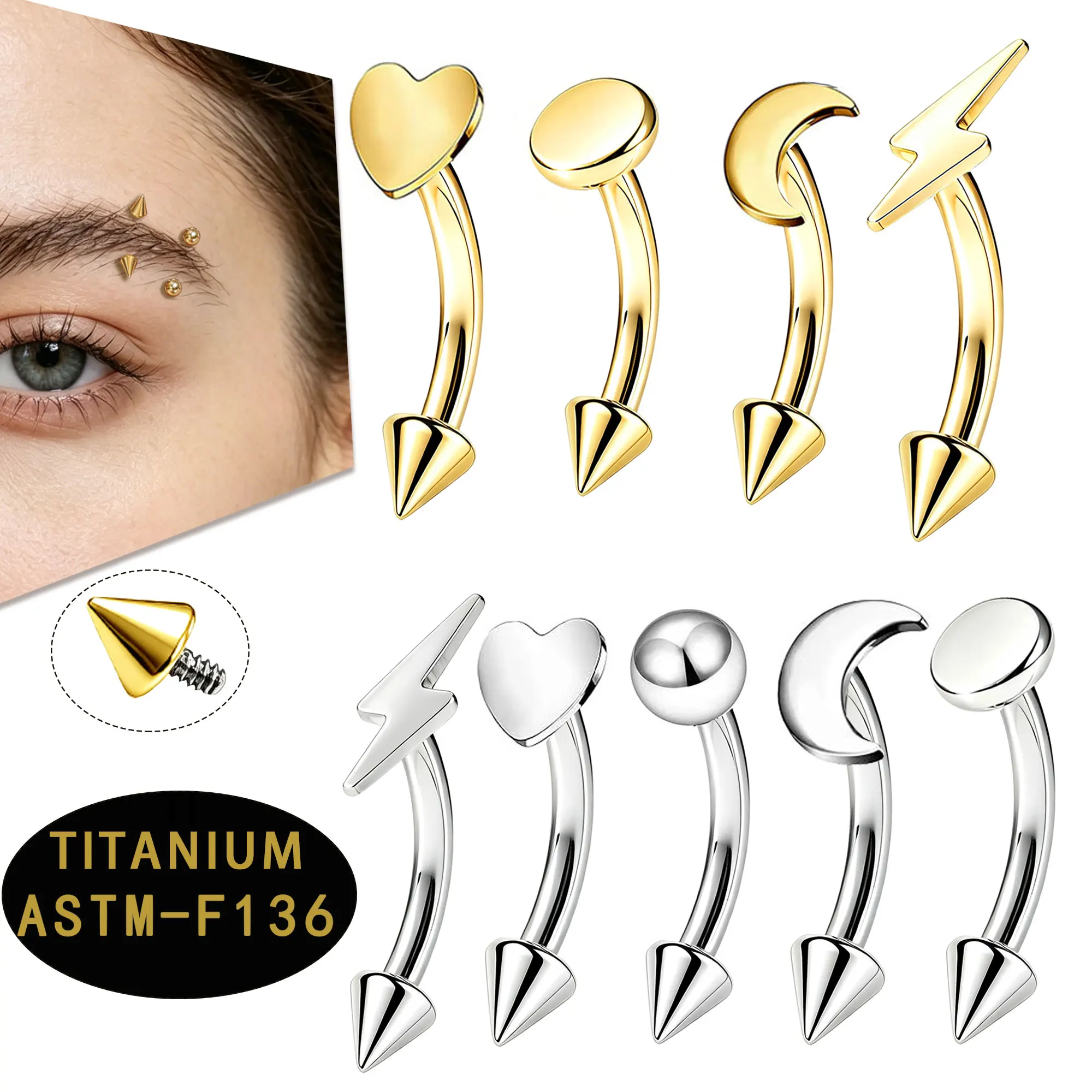50pcs/lot ASTM‑F136 Implant Grade Titanium Eyebrow Curved Barbell Cone Top Body Piercing for Eyebrow Lip Rook Cartilage