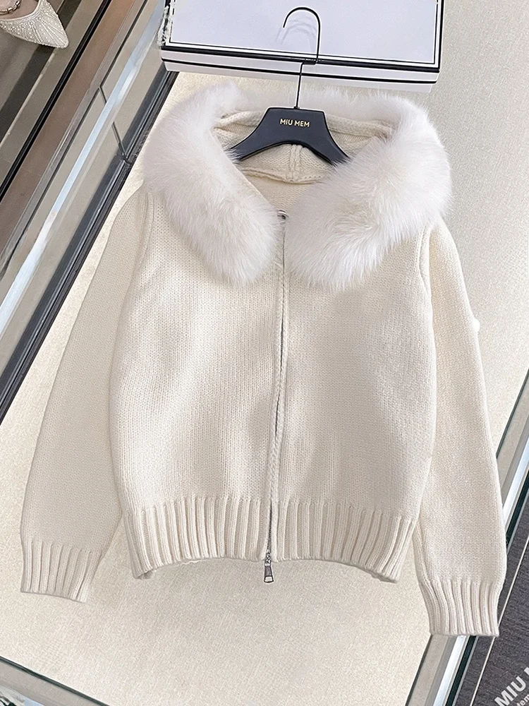 

Miumem Winter Thiened Warmth Hat Knitted Cardigan Coat with Fur Collar Women's High-End Faion Outerwear Long Sve Zipper