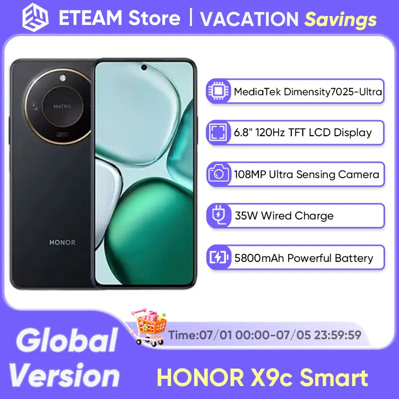 Глобальная версия HONOR X9c Smart Dimensity 7025 Ultra 6,8 "120 Гц ЖК-дисплей 108MP Ultra Camera 5800 мАч Аккумулятор 35 Вт SuperCharger
