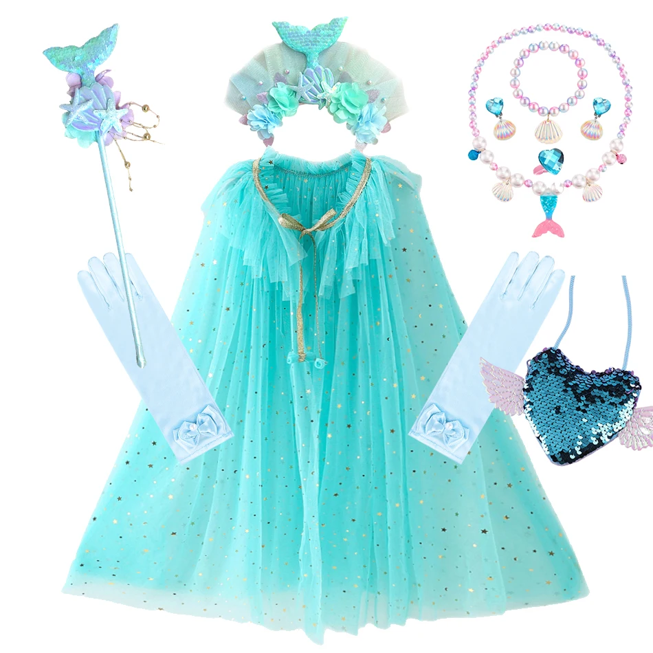 

10 Pcs/Set Girls Kids Costume Sequins Tulle Cloak Wand Bag Gloves Necklace Lightweight Candy Color for Halloween Birthday Party
