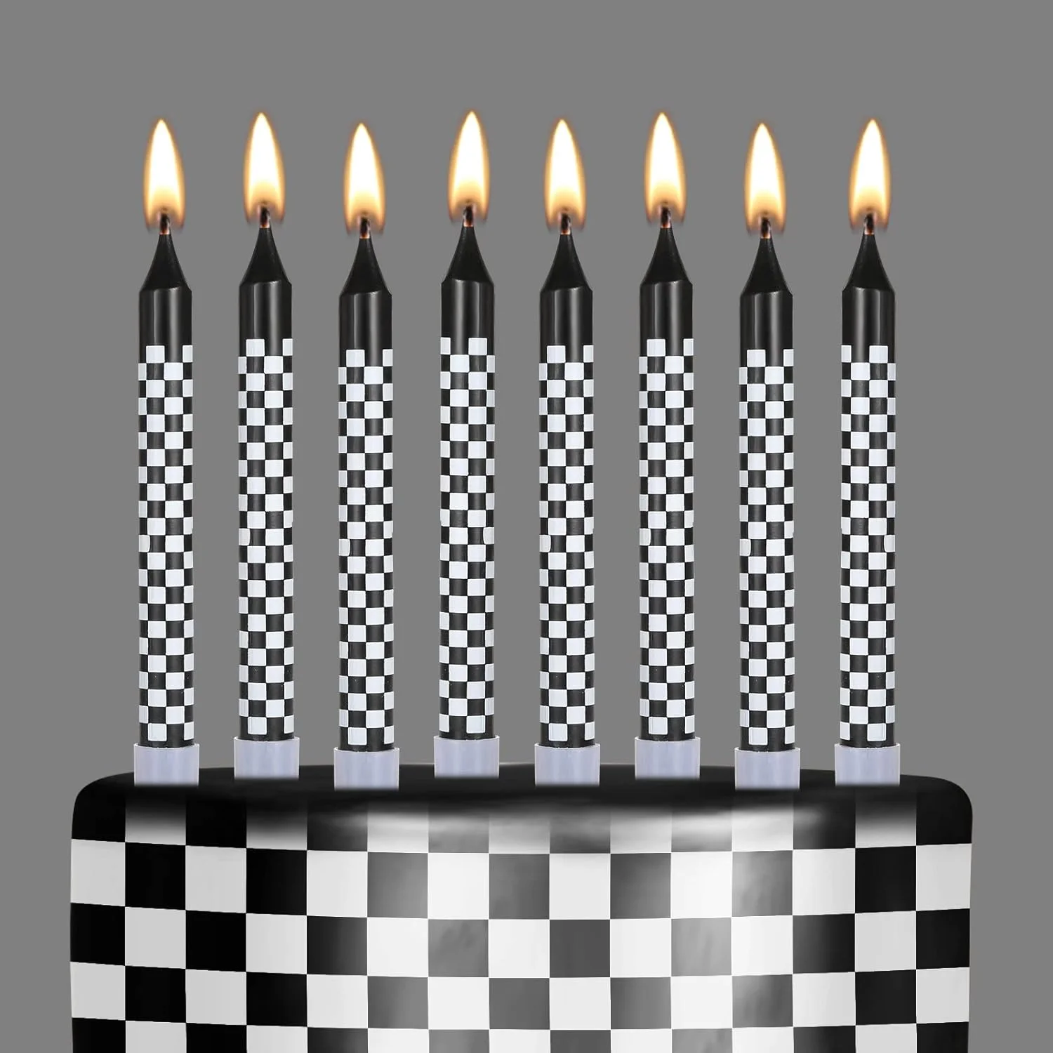 6/12pcs Black and White Birthday Checkered Candles and Cake Topper Racing Cars Candles Sparkler Candles for Racing Car Party