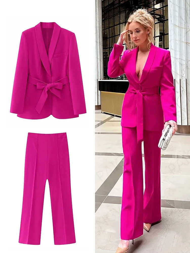 Elegant Shawl Lapel Women Suits Two Piece Summer Long Sleeves No Buttons Tuxedo Slim Casual Daily Pants Sets (Blazer+Pants)