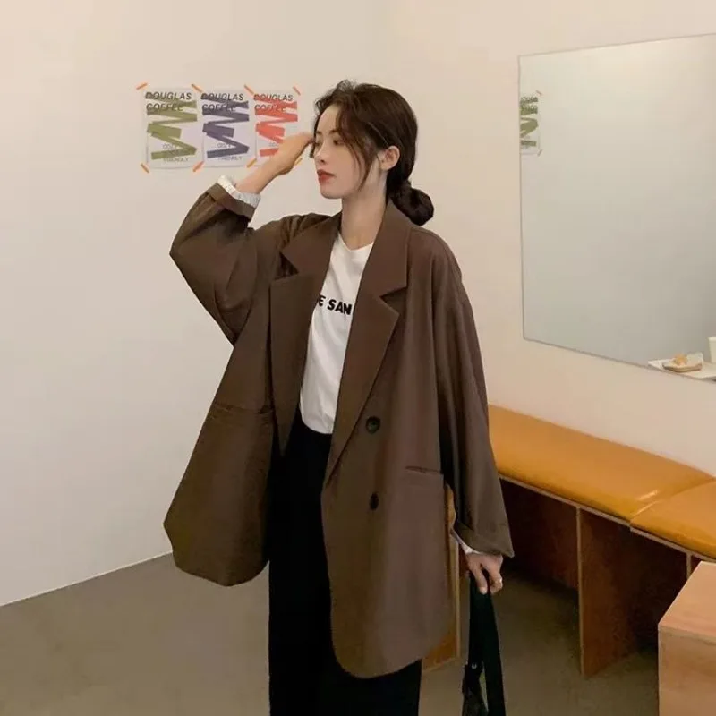 Blazer preto de grande envergamento feminino, terno de escritório, casaco feminino, roupas chiques coreanas, jaqueta de streetwear, primavera, outono