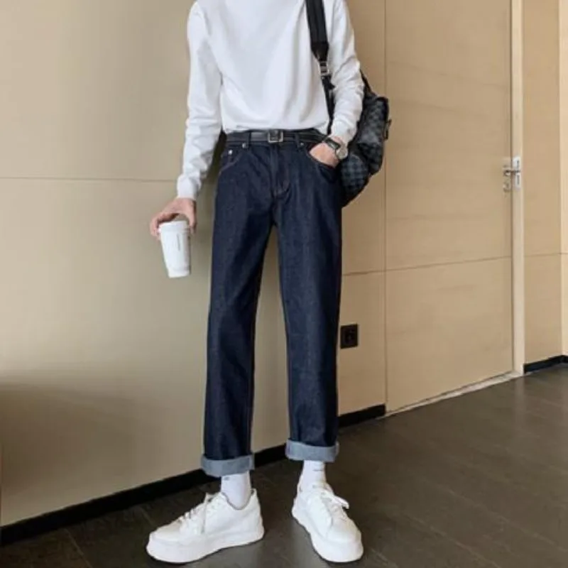 Korean Popular Clothes 2026 Autumn Winter Dark Blue Work Jeans for Men Straight-leg Loose Korean Trendy Pants Jeans Luxury Men
